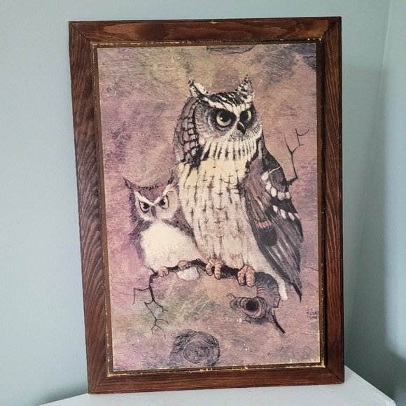 Vintage Richard Hinger Screech Owls Lacquered Print on Wood - Picture 1 of 9